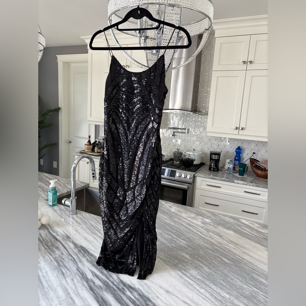 Revamped size small medium little black, sparkling dress stretchy knee length